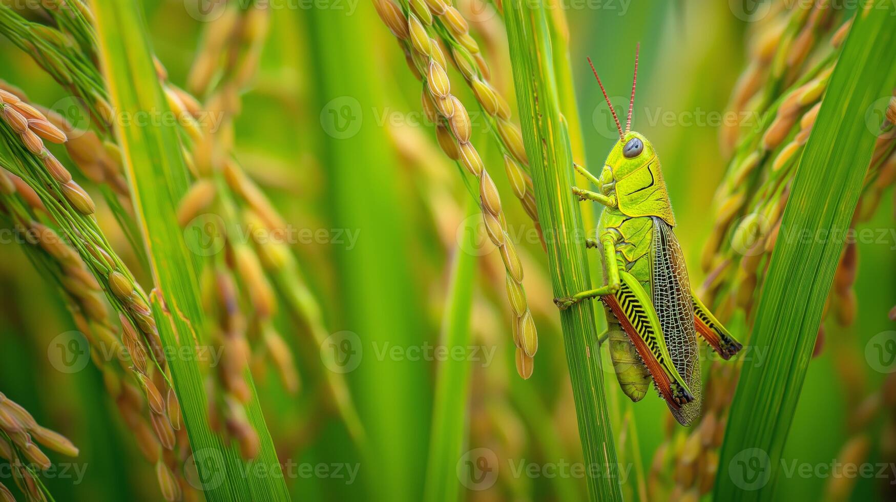 A grasshopper clings to a rice stalk surrounded by vibrant green plants, showcasing ripe grains. photo