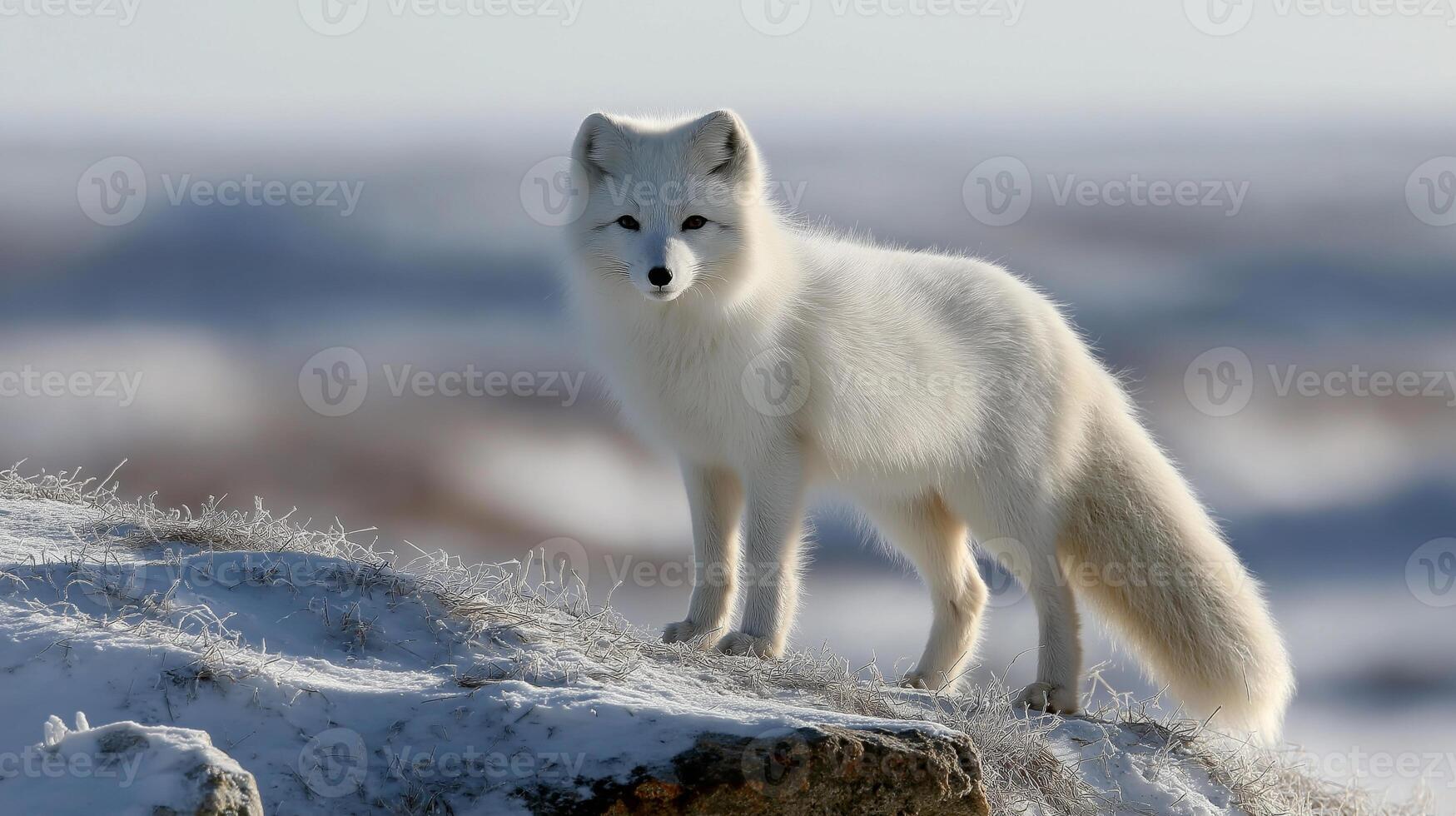 A solitary arctic fox surveys its snowy surroundings atop a hill in a winter landscape. photo