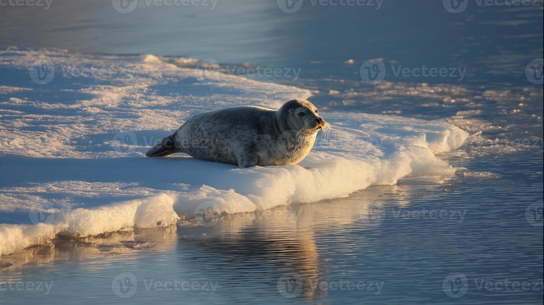 A seal lounges on a piece of ice in calm waters, illuminated by warm sunlight at sunset. photo