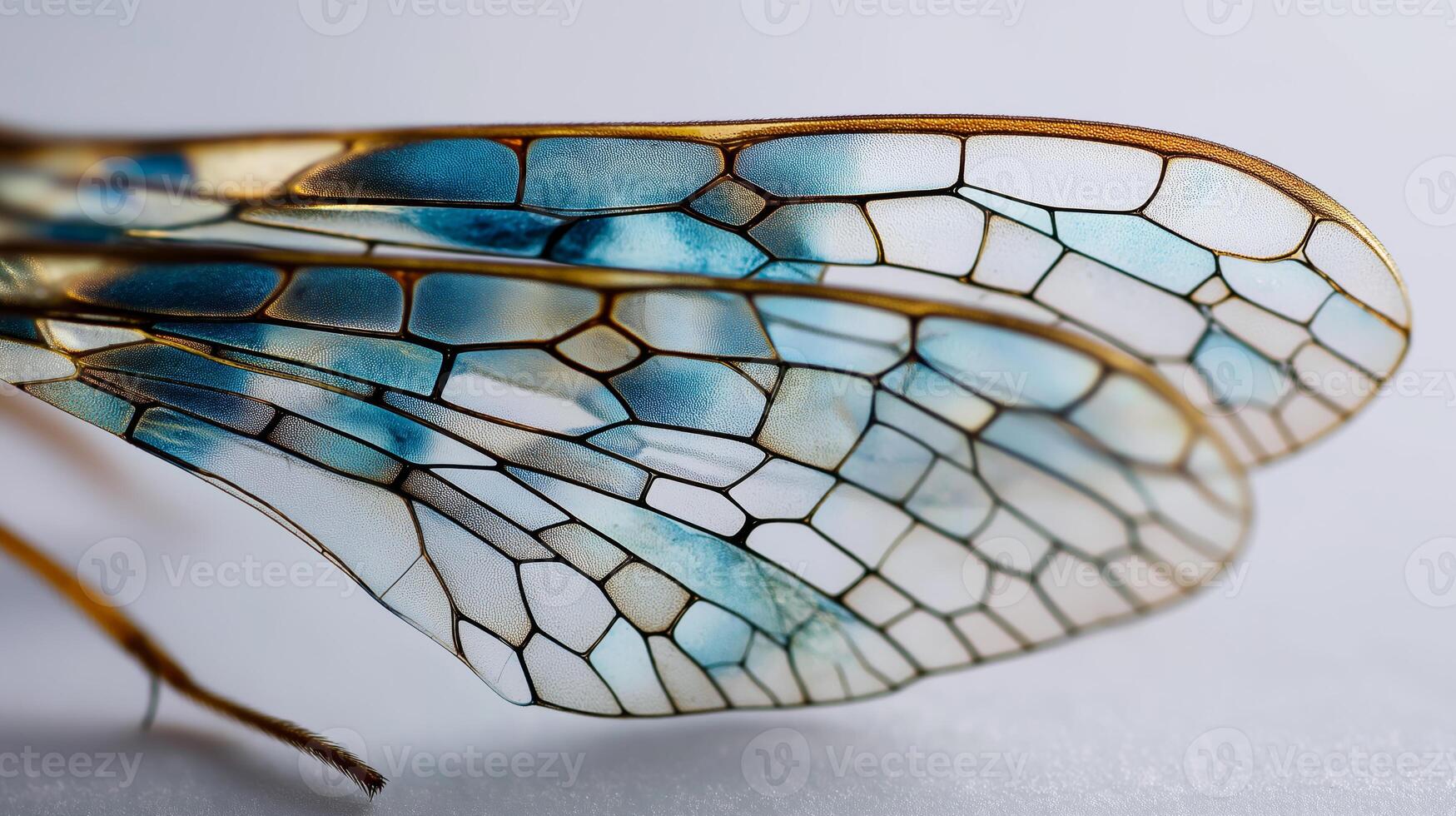 Close-up of dragonfly wings shows stunning colors and patterns on a neutral background. photo