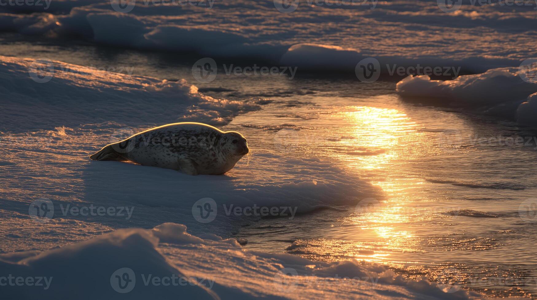 A seal is resting on a patch of ice while the sun sets, illuminating the water with golden hues. photo