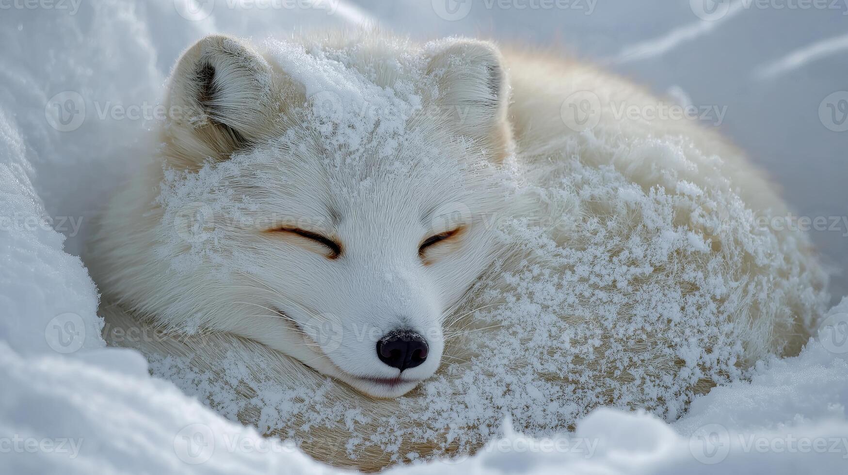 An arctic fox curls up in a snowbank, enjoying a moment of rest in the cold winter setting. photo