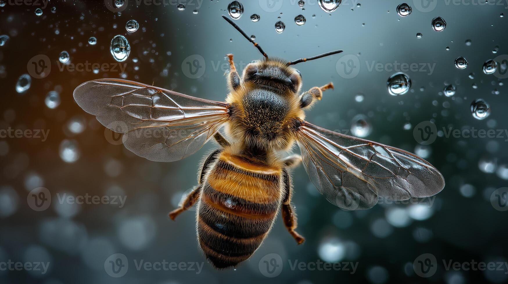 A honeybee sits on a slick surface while rainwater droplets reflect soft light around it. photo