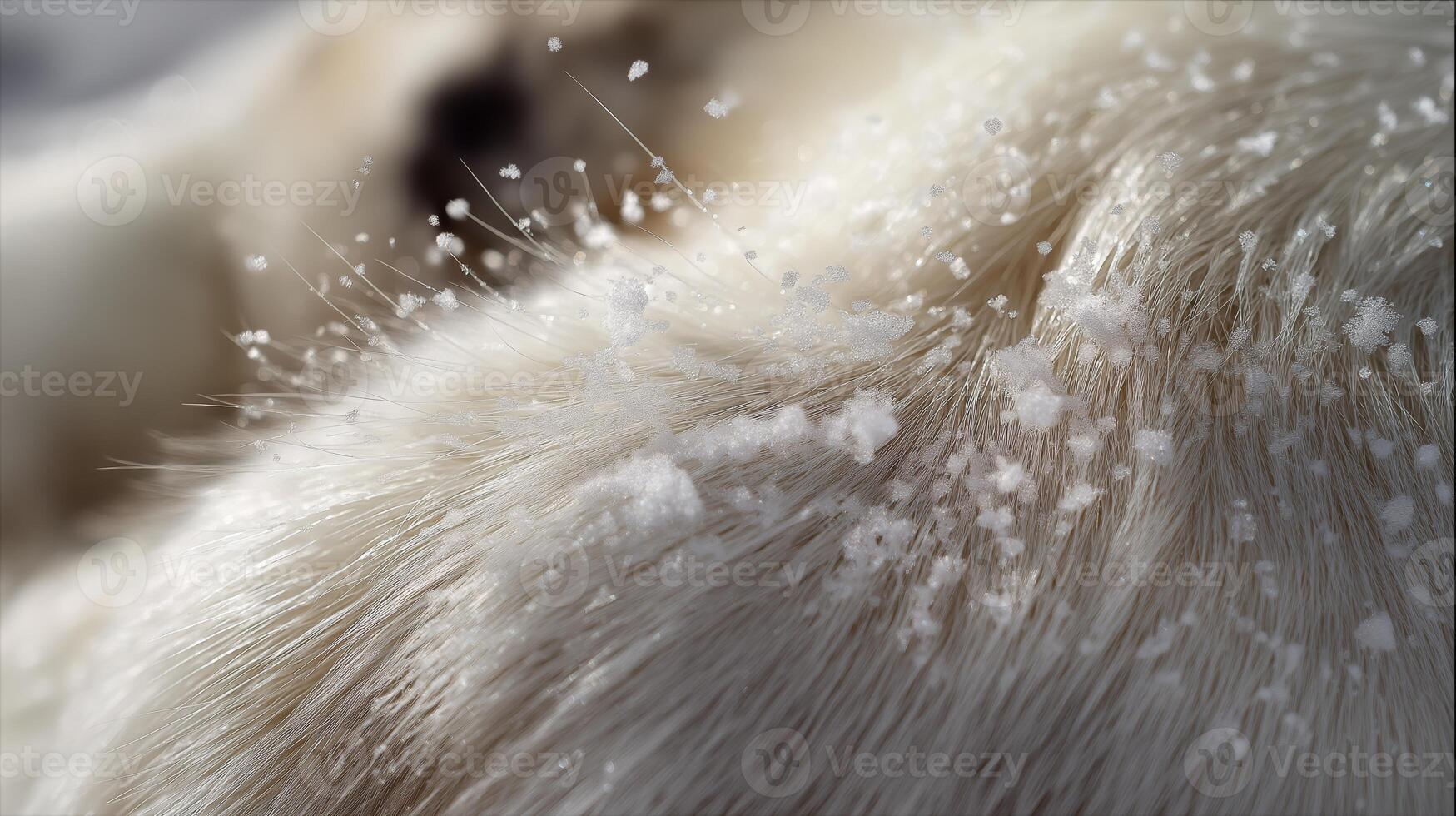 Fluffy white dog lies in the snow as delicate snowflakes accumulate on its fur. photo