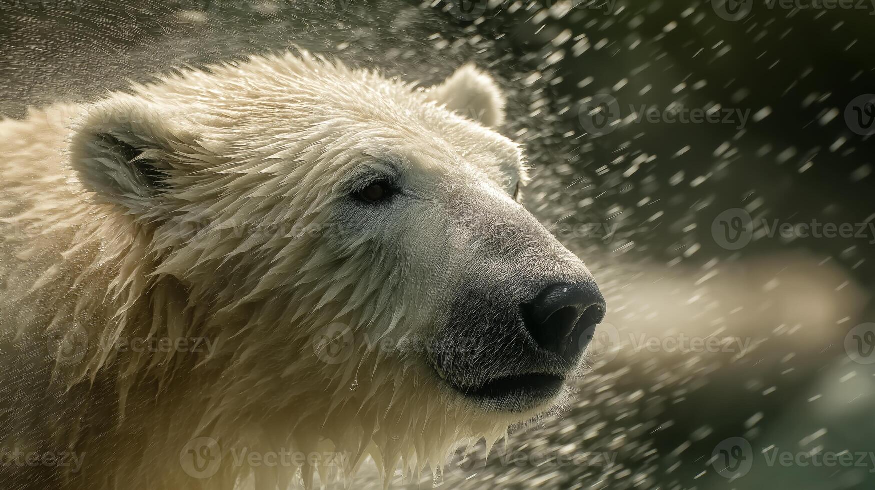 A polar bear splashes water while emerging from a swim, enjoying a warm day in its habitat. photo