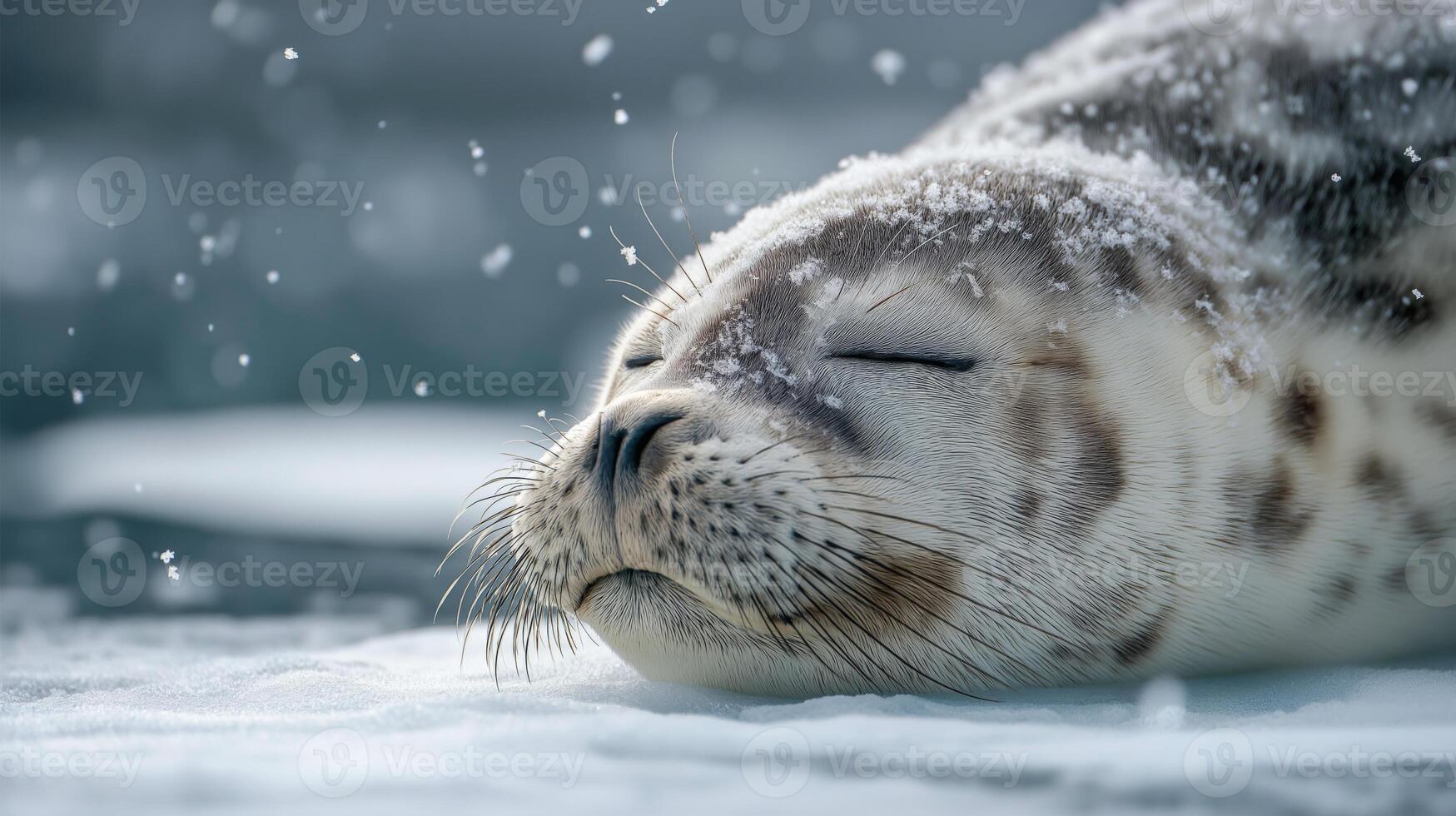 A calm seal lies on icy terrain, enjoying the snowfall during a quiet winter morning. photo