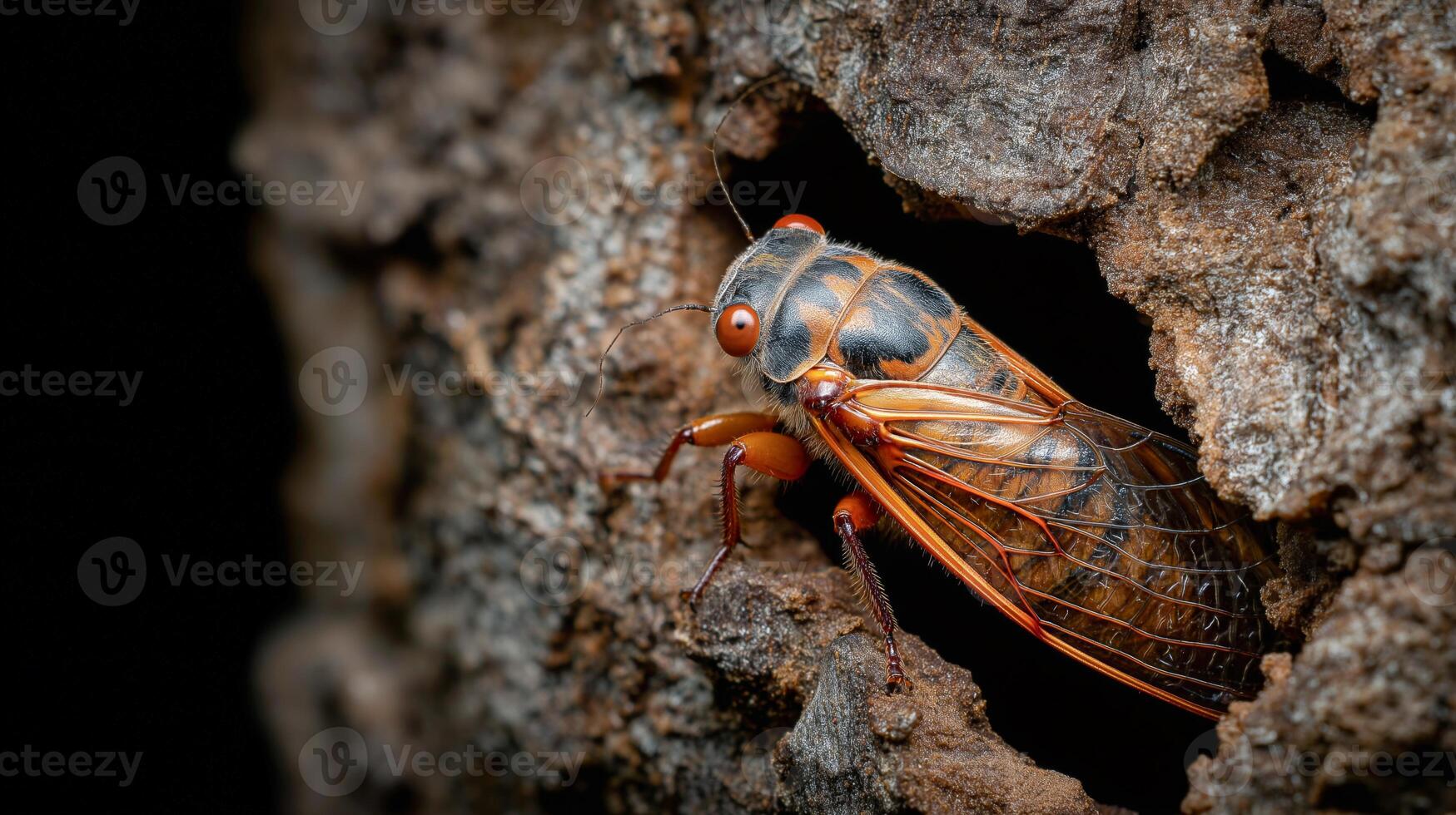 A cicada with striking colors appears from a crevice in tree bark during twilight. photo