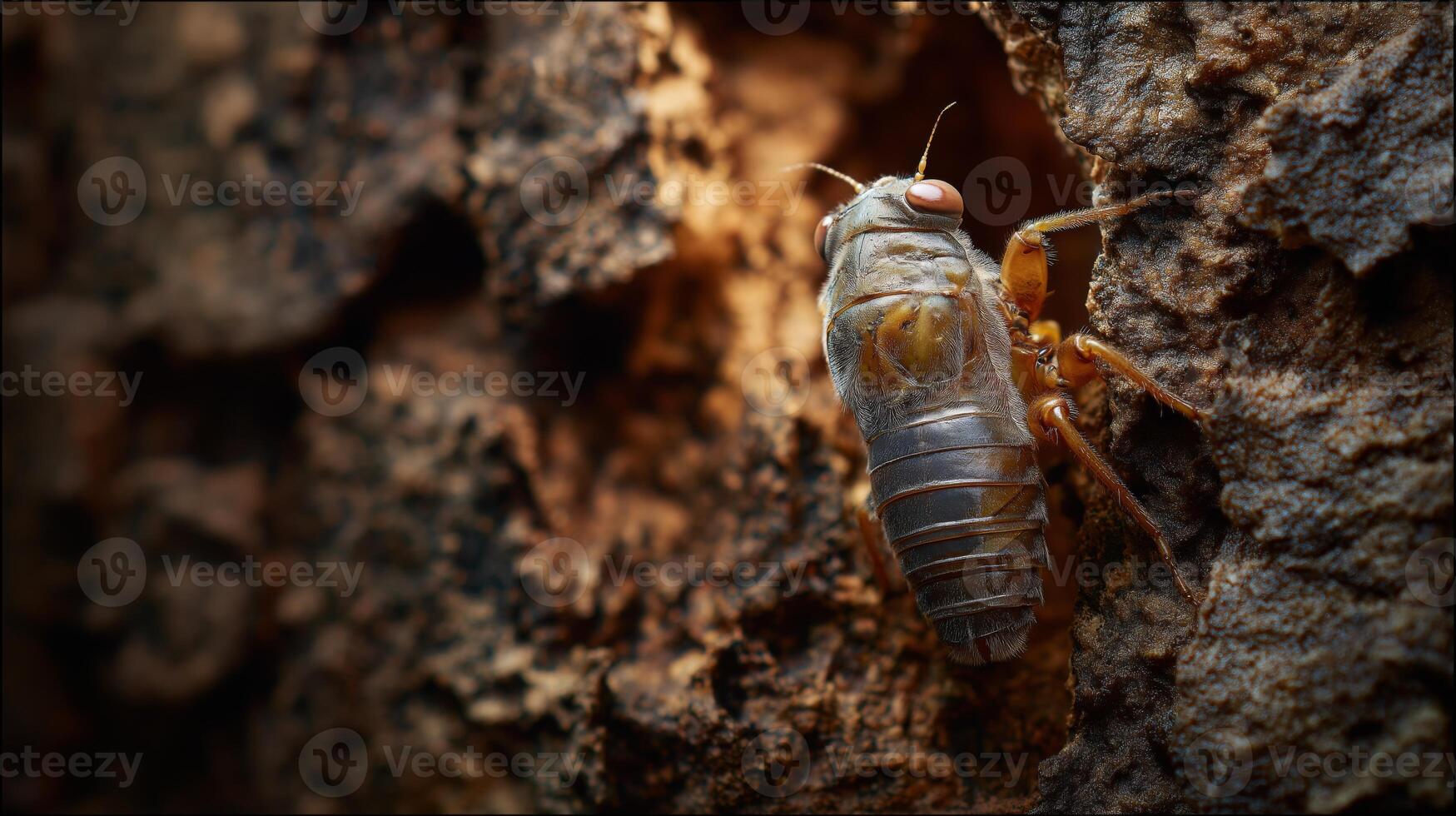 A cicada clings to rough tree bark, showcasing its details in the afternoon sunlight. photo
