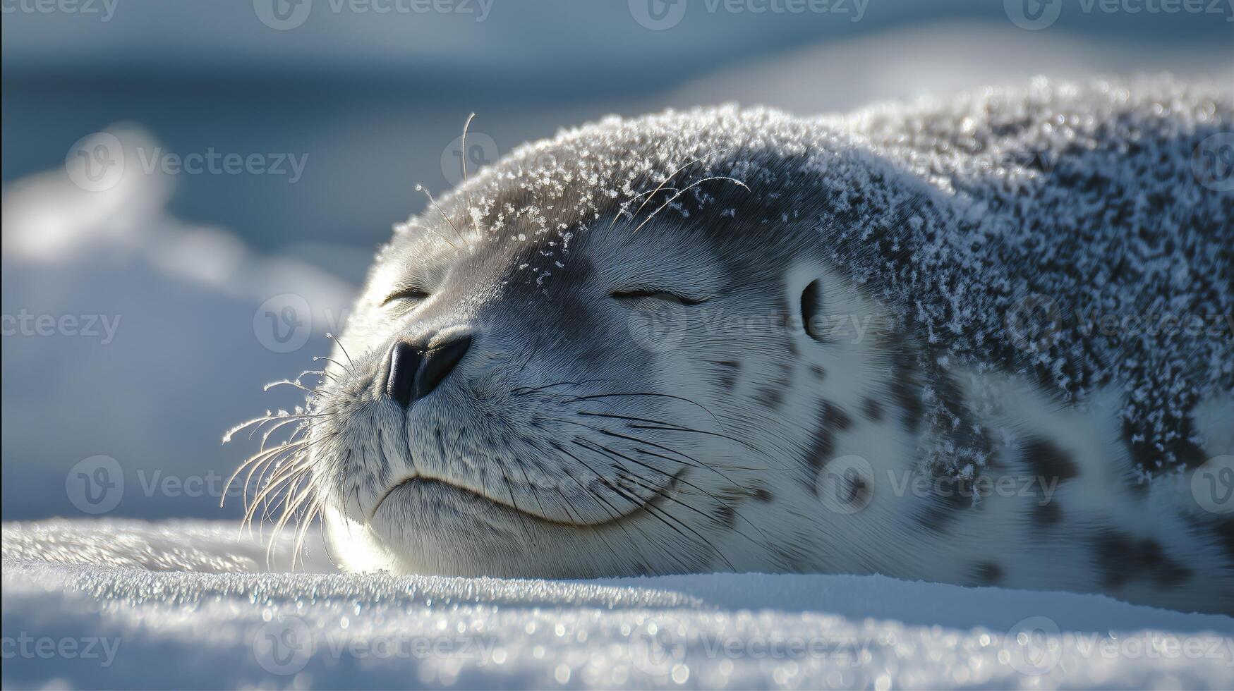 A seal is basking in the sun on a snowy area, enjoying the winter environment and tranquility. photo
