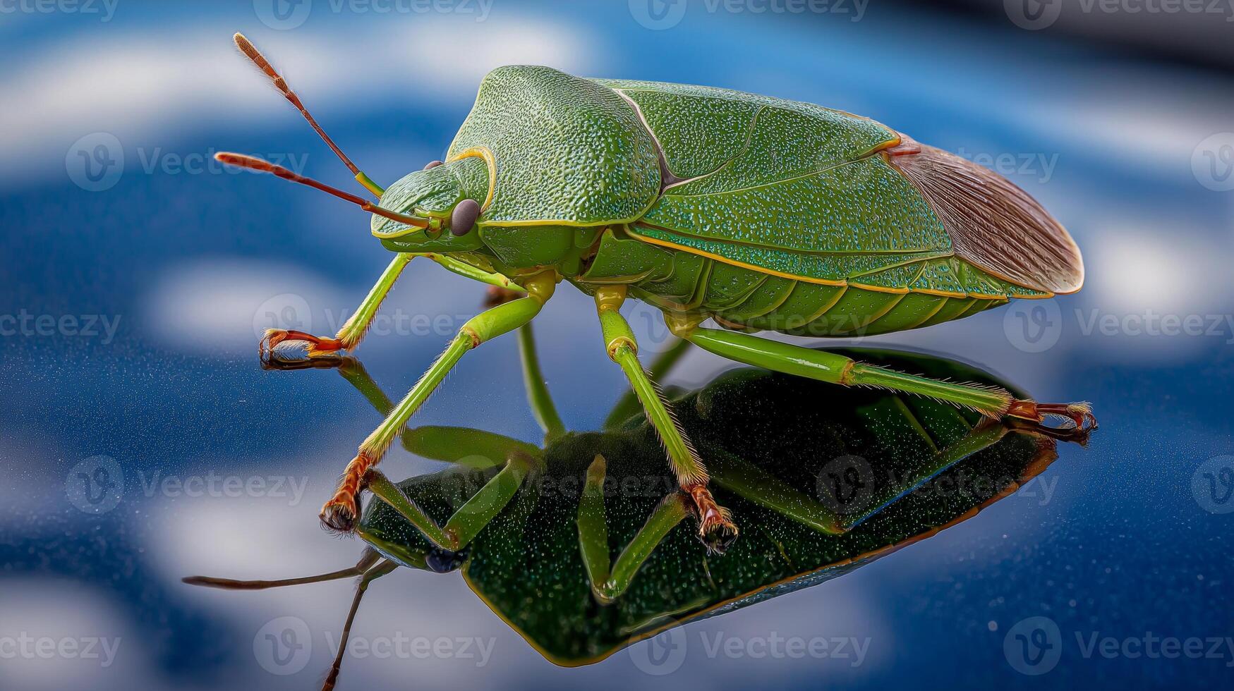 A green insect is resting on a shiny surface, highlighting its intricate features and colors. photo