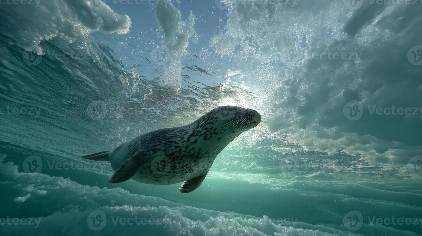 A seal gracefully swims beneath the water surface, sun rays filtering through clouds above. photo