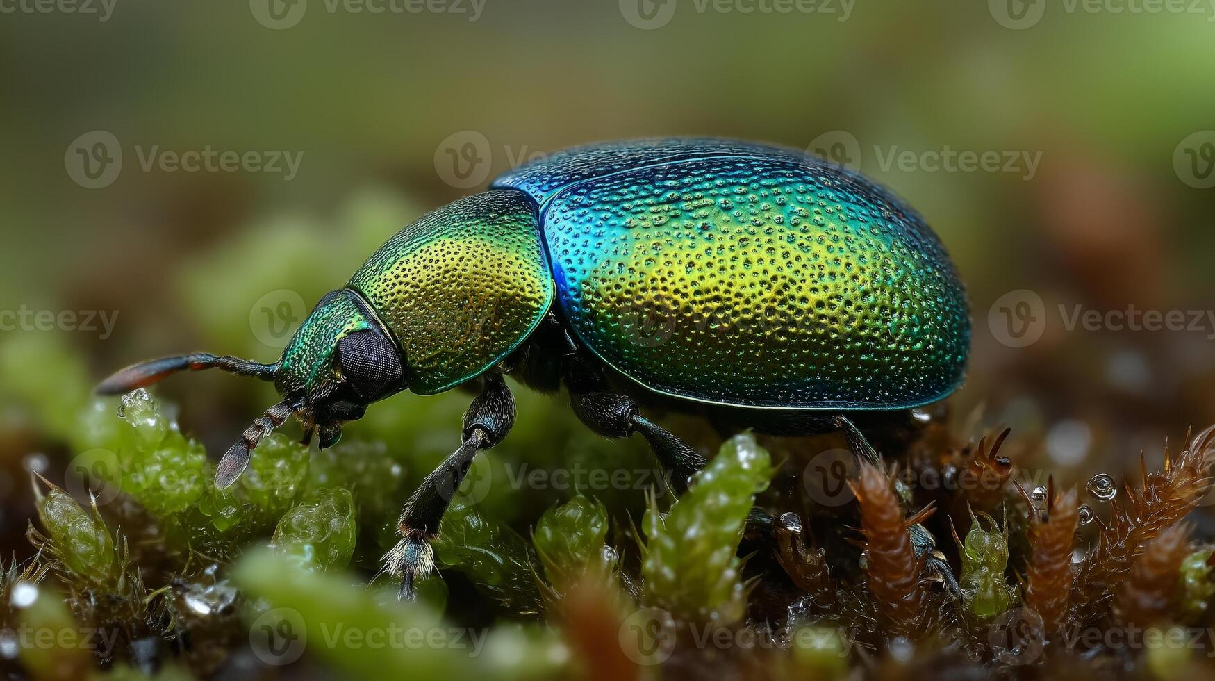 A vibrant beetle moves on green moss in a damp forest, showcasing its stunning colors and details. photo