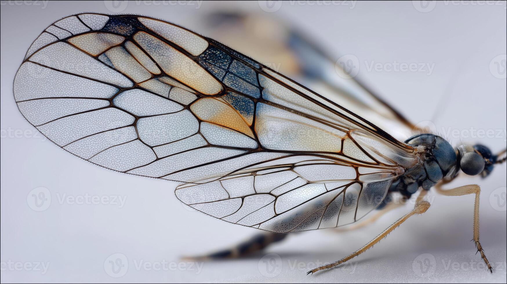 A close-up view reveals the delicate architecture of an insect's wing with fine details. photo
