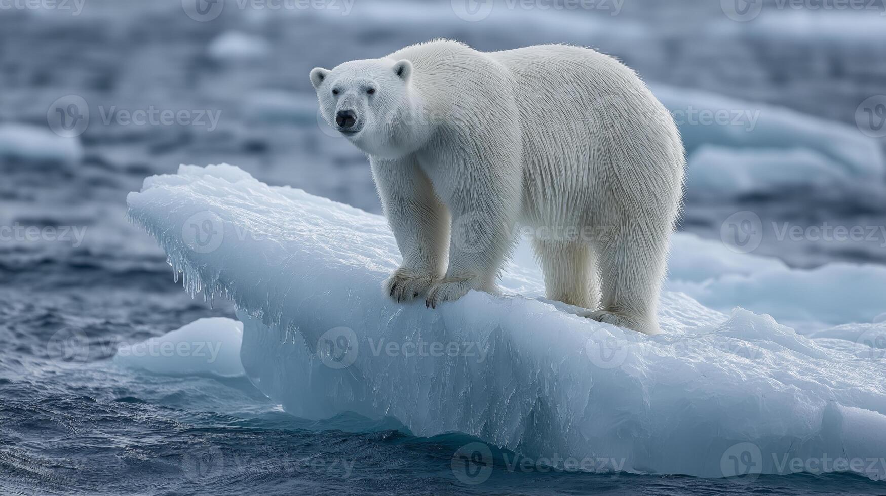 A polar bear stands gracefully on an ice floe in the Arctic Ocean, surrounded by cold waters. photo