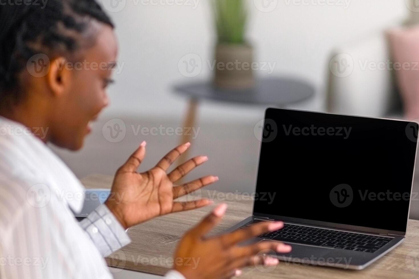 Back view of african american lady employee having online conference with her business team from home, looking at computer with blank screen, talking and gesturing, mockup, copy space photo