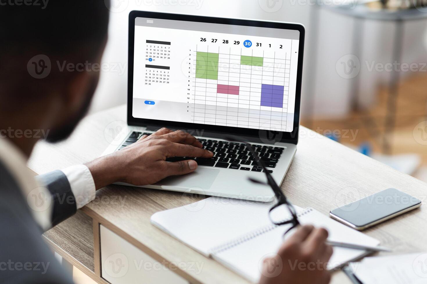 Unrecognizable office employee organizing his working schedule with help of online business calendar, creative collage photo