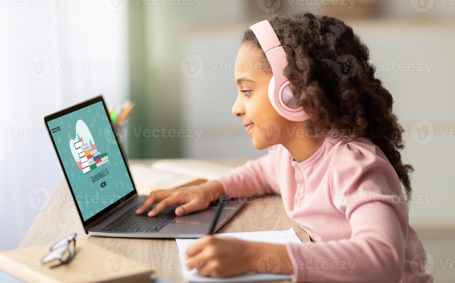 Online Lesson. Black Teen Schoolgirl Study Remotely With Laptop At Home, African American Female Student Browsing E-Learning Website On Computer, Doing Homework In Internet, Creative Collage photo