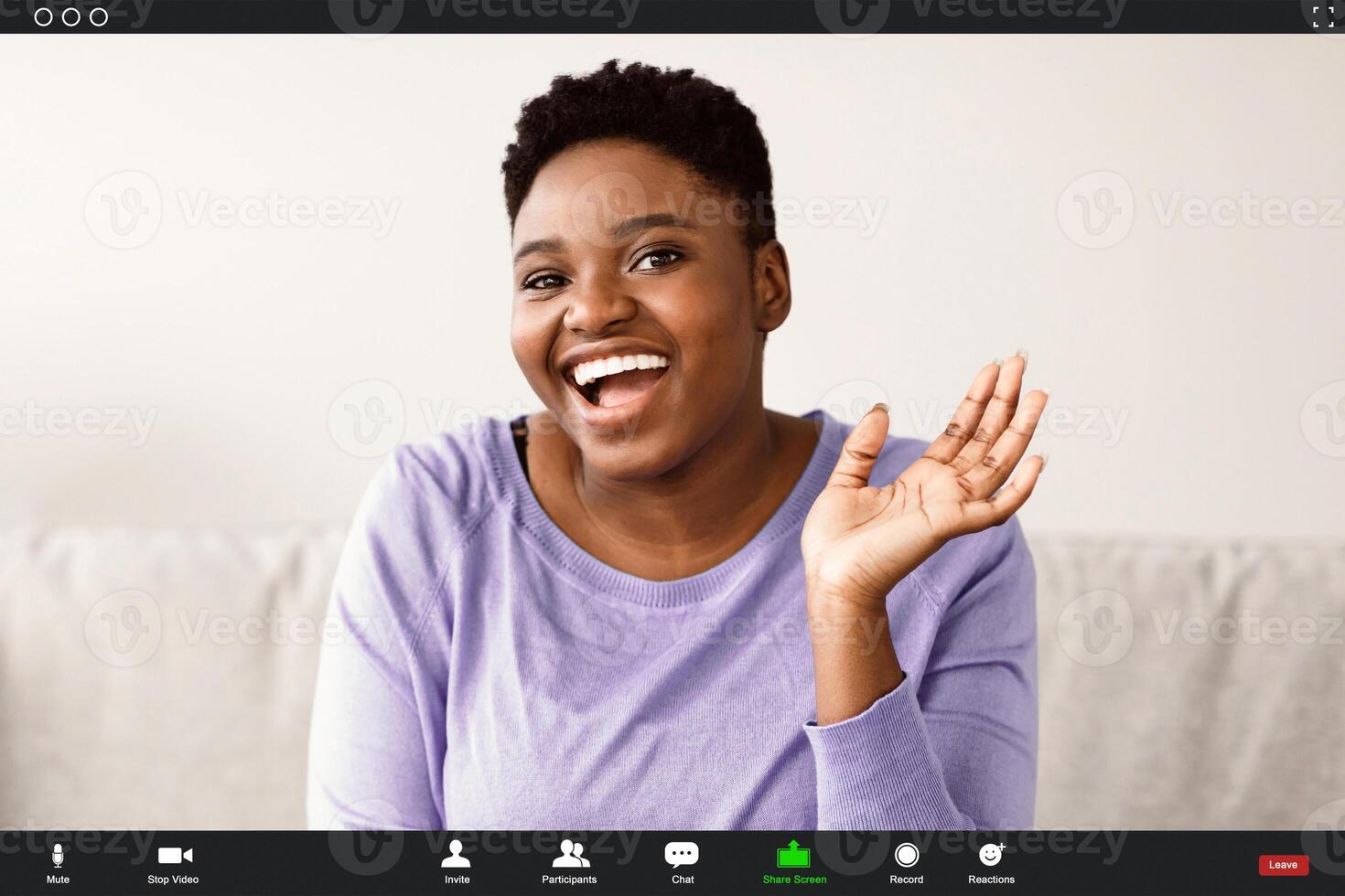 Distant Communication. Pc screen view, headshot portrait of smiling young black woman making call with friend or relatives, happy millennial female talking online using videotelephony app photo