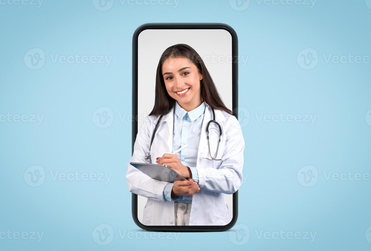 Telehealth services represented by a confident young female doctor on digital device, highlighting online medical consulting, blue background photo