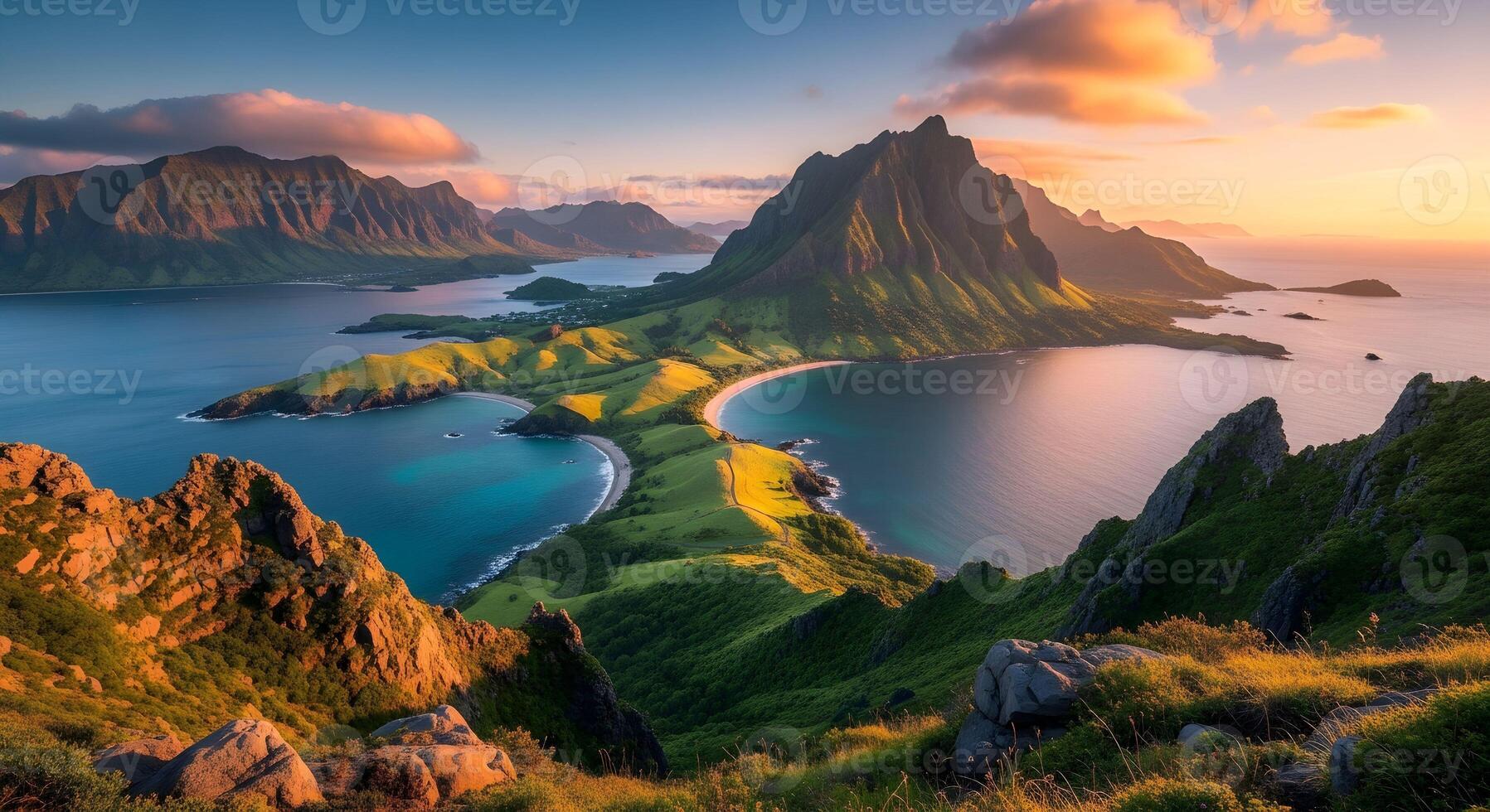 Island Vista at Sunrise or Sunset Featuring Green Hills, Sandy Beaches, Turquoise Waters, and Jagged Mountain Peaks Beneath a Colorful Sky photo