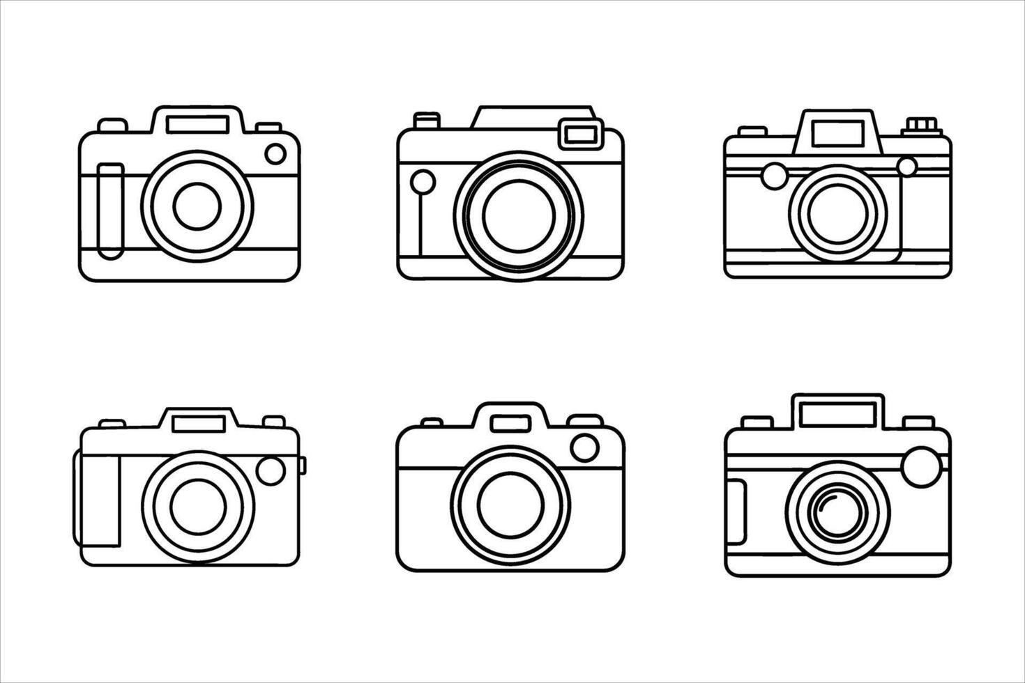 Six Black Outline Camera Icons White Background photography vector