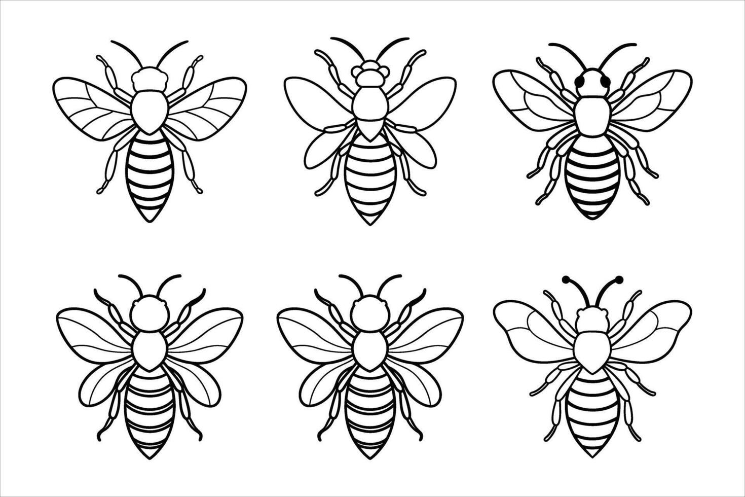 Six Line Art Bees Black and White Insect Illustrations vector