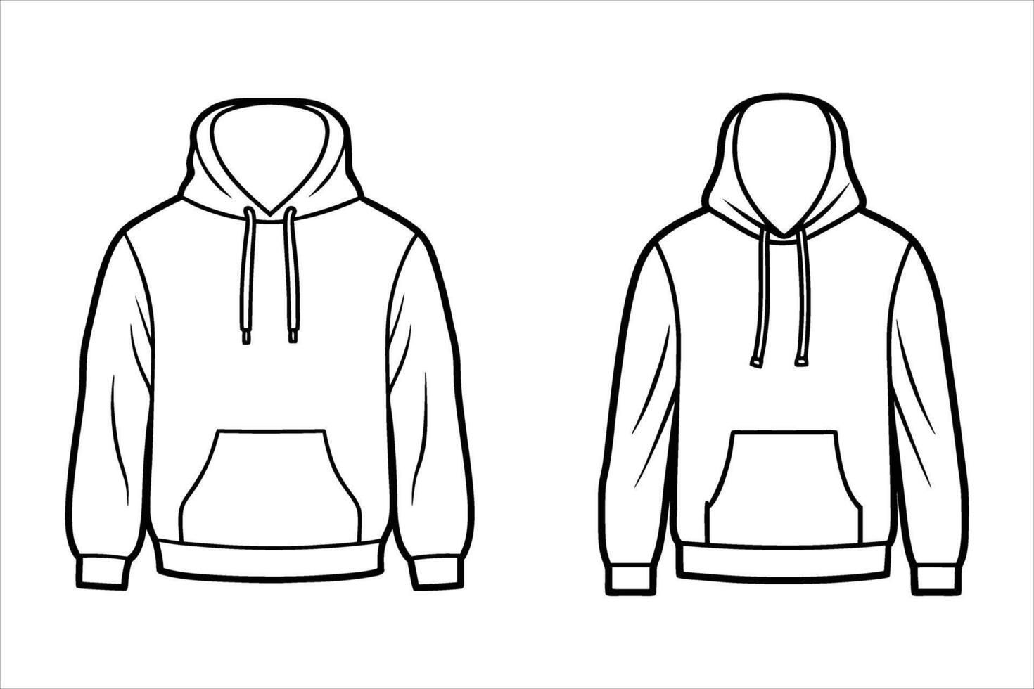 Two Black Outline Hoodies Front View Kangaroo Pocket vector