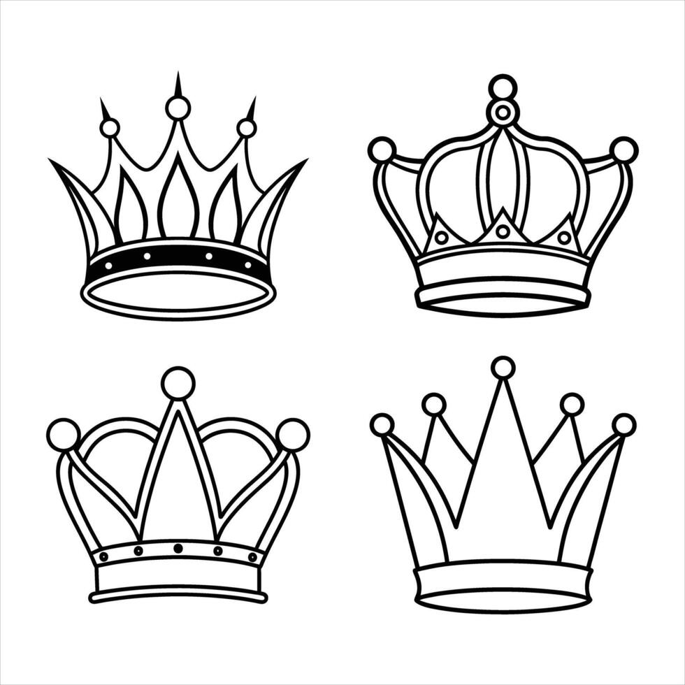 Four Black Line Art Crowns Royal Symbols Set king queen vector