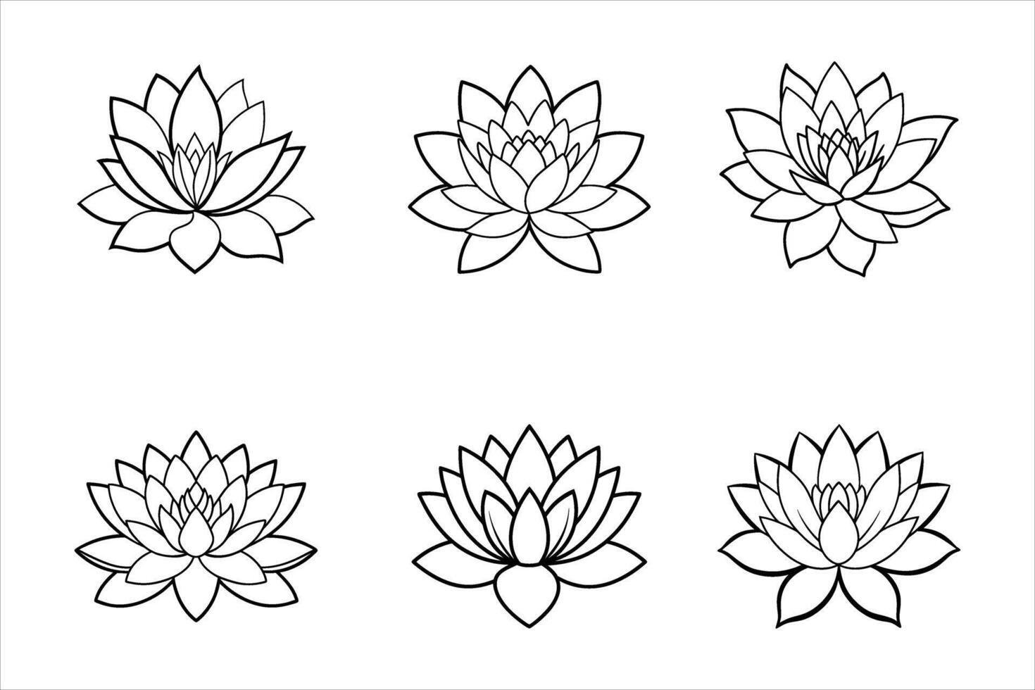 Six Black Outline Lotus Flower Designs White Background vector