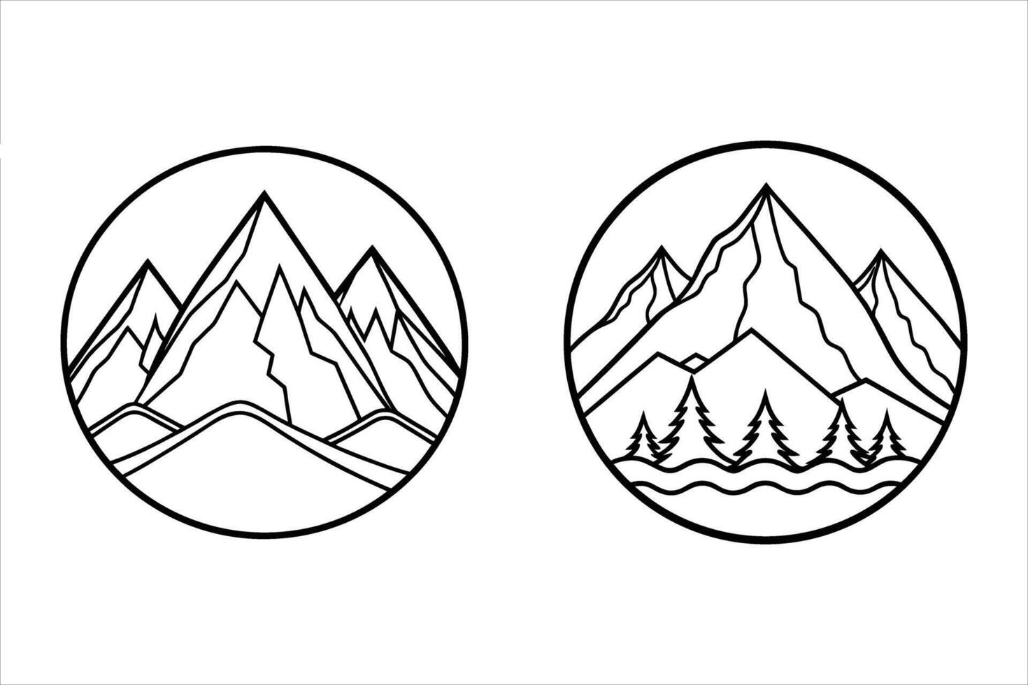 Two Black Line Art Mountain Scenes Circular Designs vector