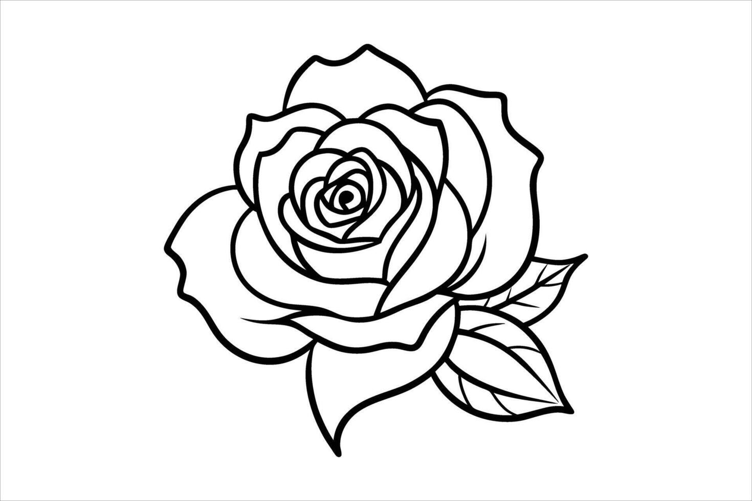 Black and White Line Drawing of a Rose with Leaves vector