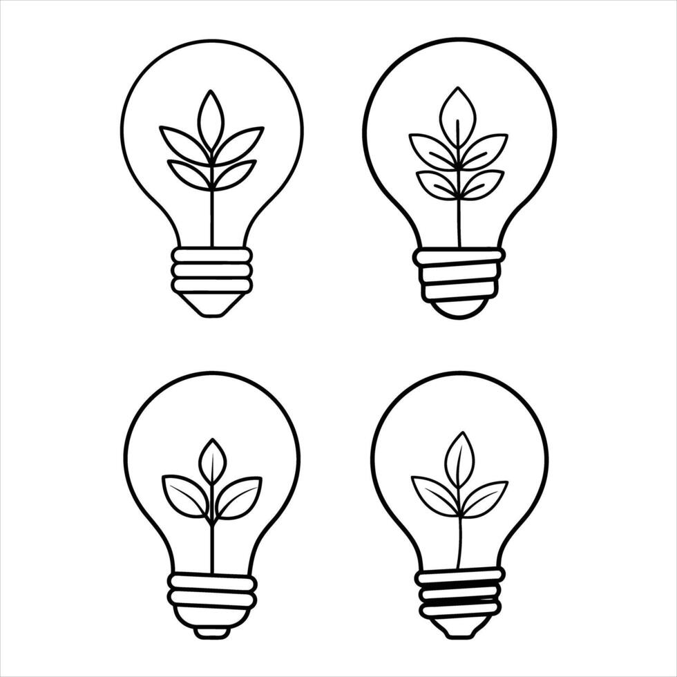 Four Line Art Light Bulbs with Plants Inside leaves vector