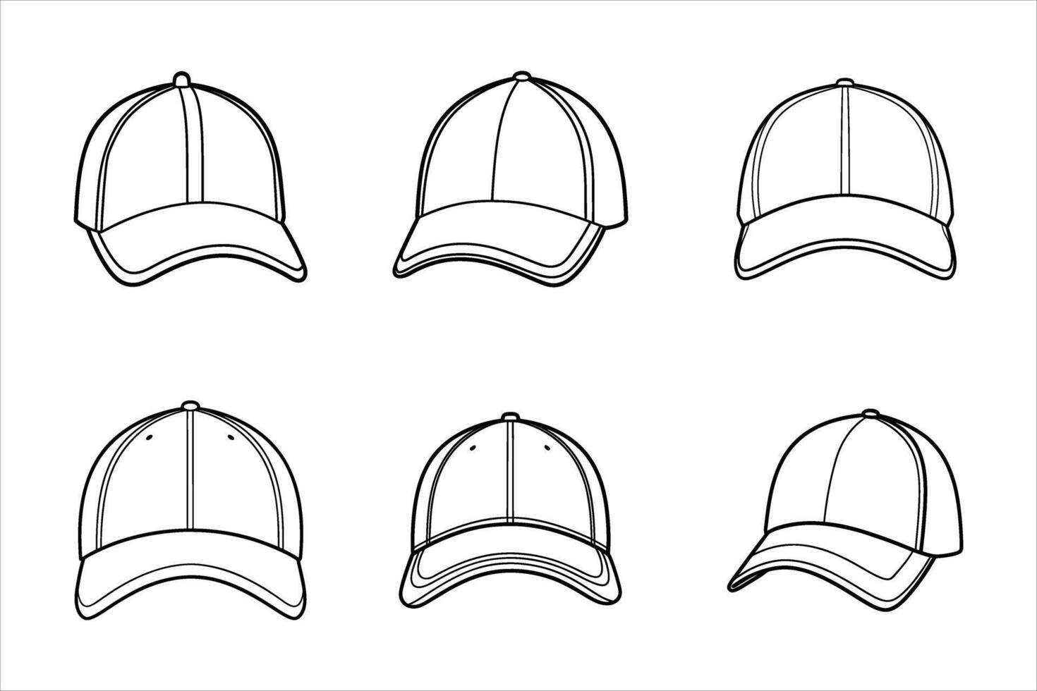 Six Outline Baseball Cap Views Line Art Illustrations vector