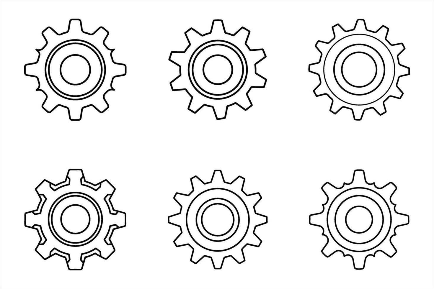 Six Black Outline Gear Icons White Background wheel vector