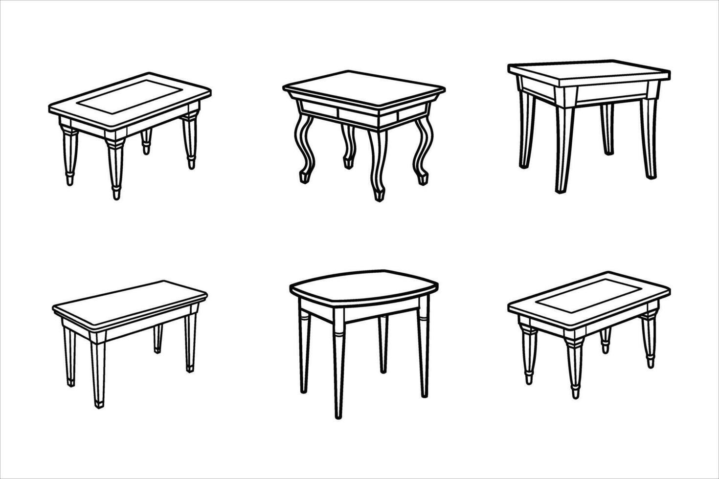 Six Black Line Drawings of Various Tables furniture vector