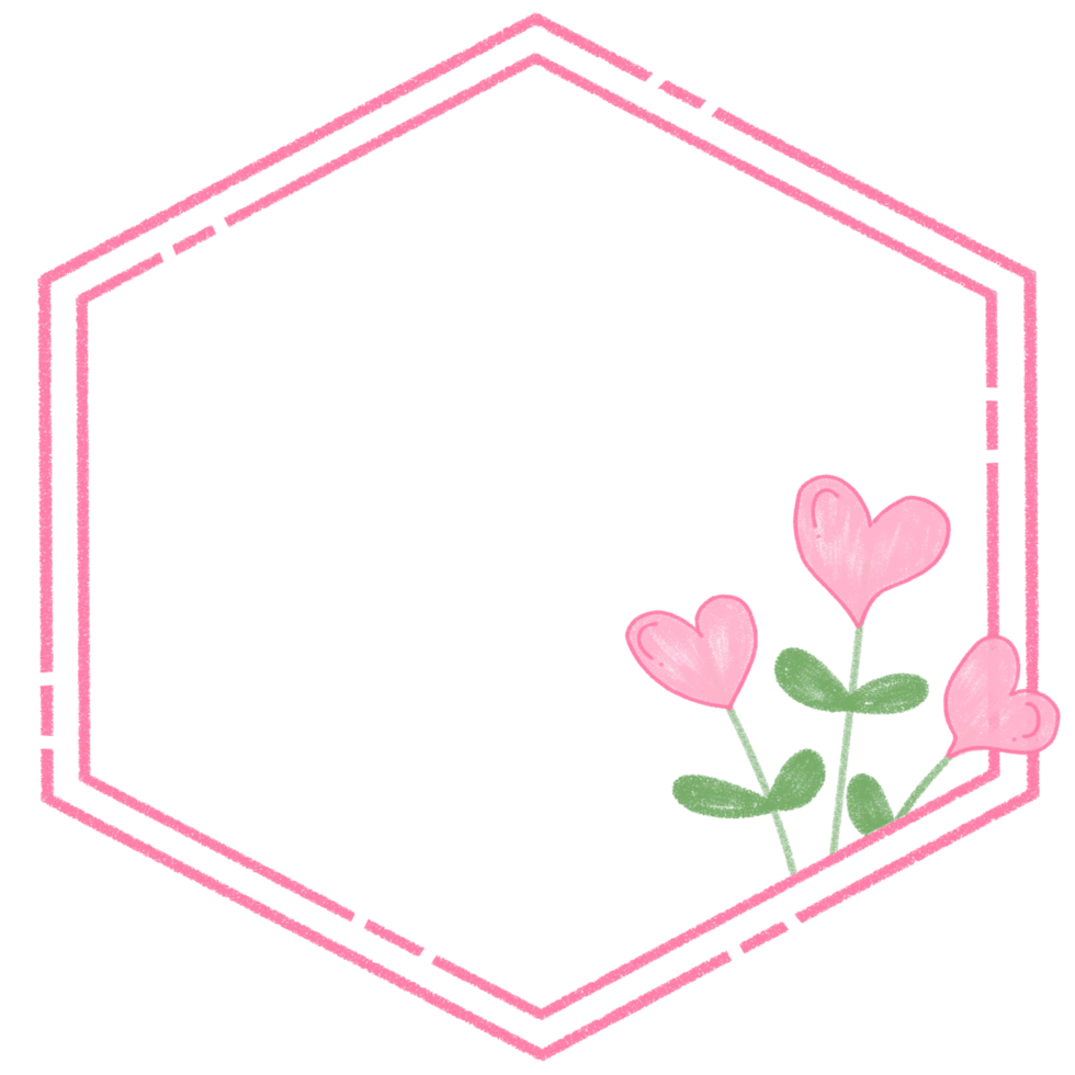 A pink hexagon with two hearts and a flower png
