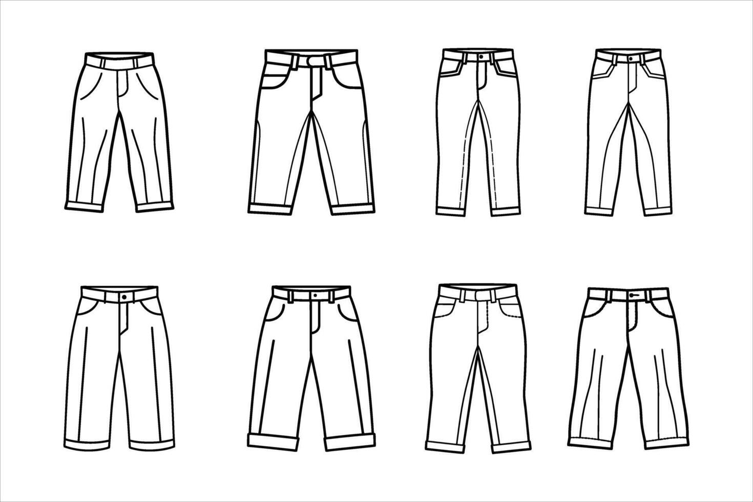 Eight Black Line Drawings of Cropped Trousers pants vector