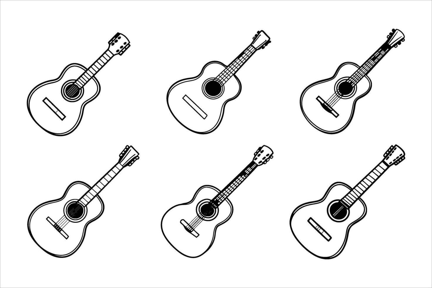 Six Black and White Acoustic Guitars Line Art Illustration vector