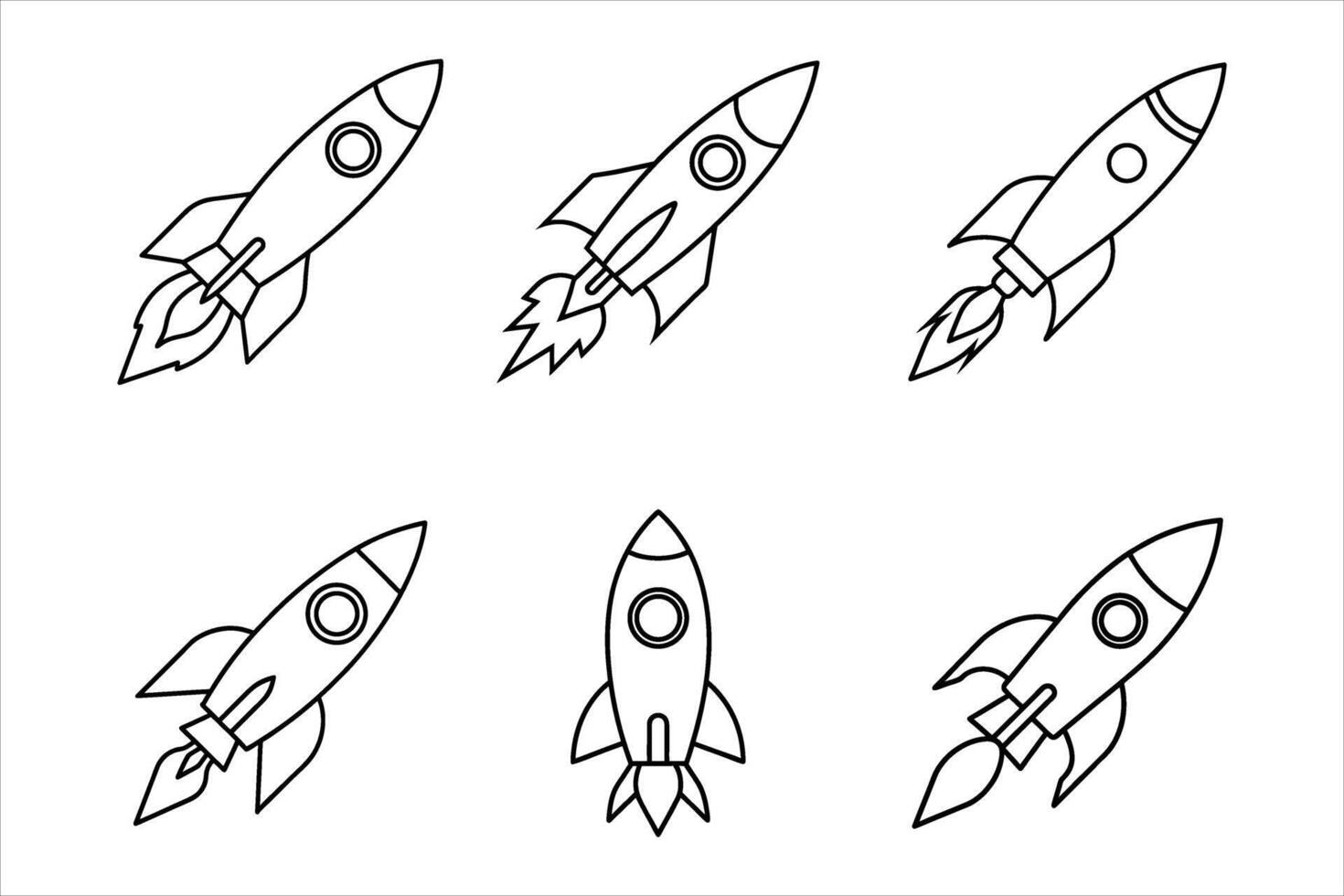 Six Black Outline Rockets Launching Upward spaceship vector