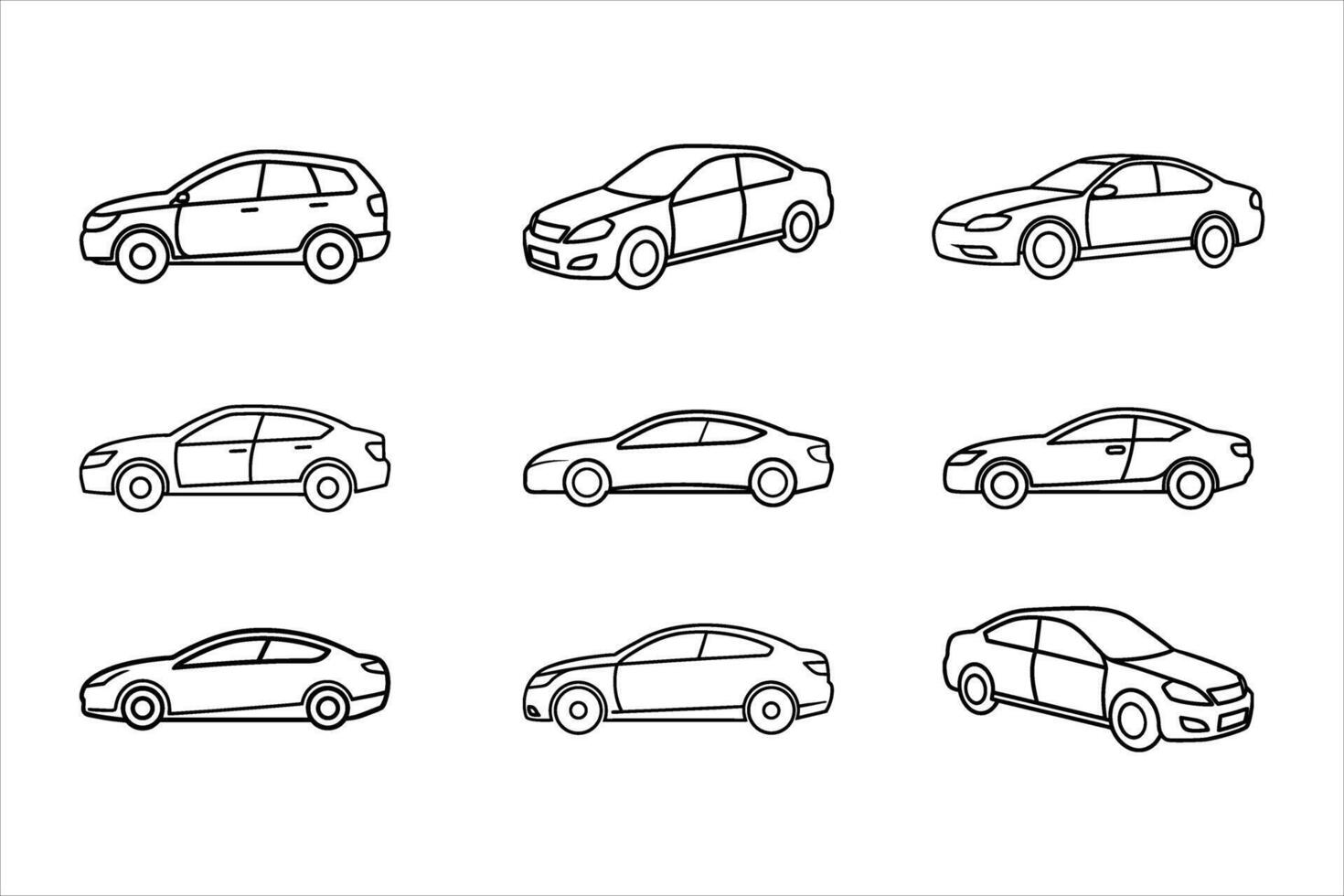 Nine Black Line Drawings of Various Car Models cars vector