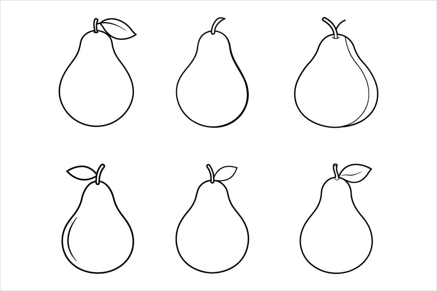 Six Line Drawings of Pears with Leaves fruit black and white vector