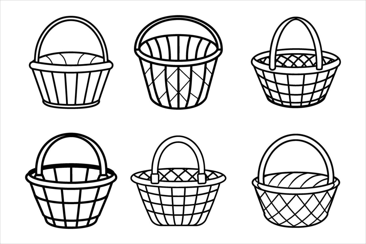 Six Black and White Wicker Baskets Line Art Illustrations vector