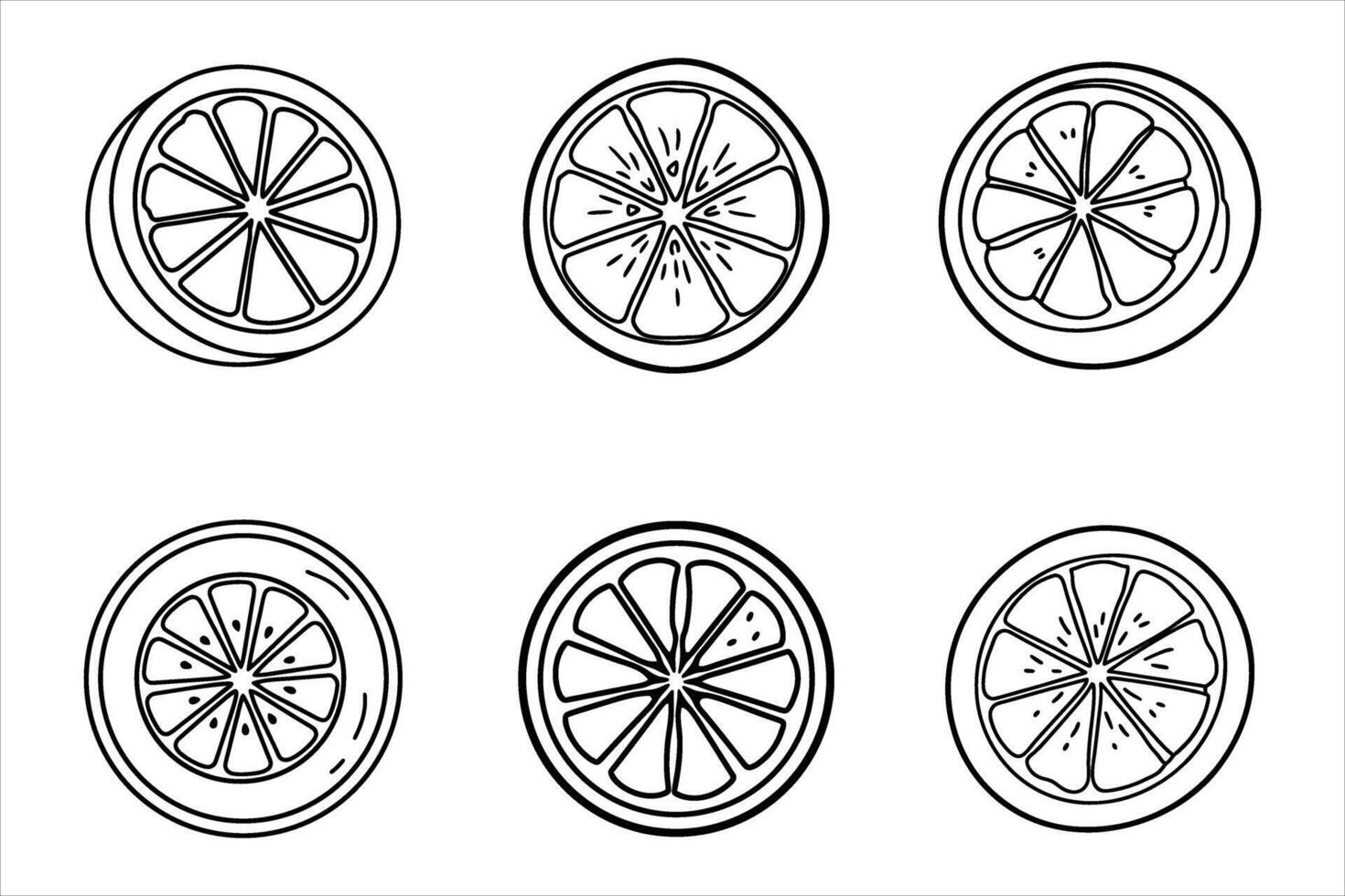 Six Line Drawings of Sliced Oranges Black and White vector