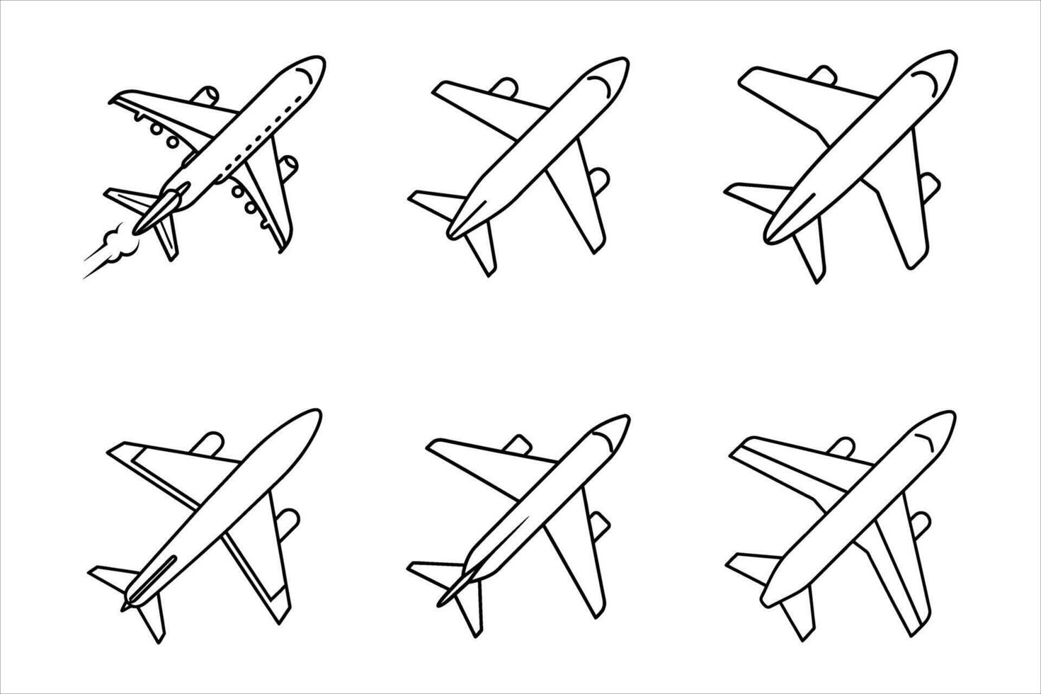 Six Airplane Line Drawings Different Angles White Background vector