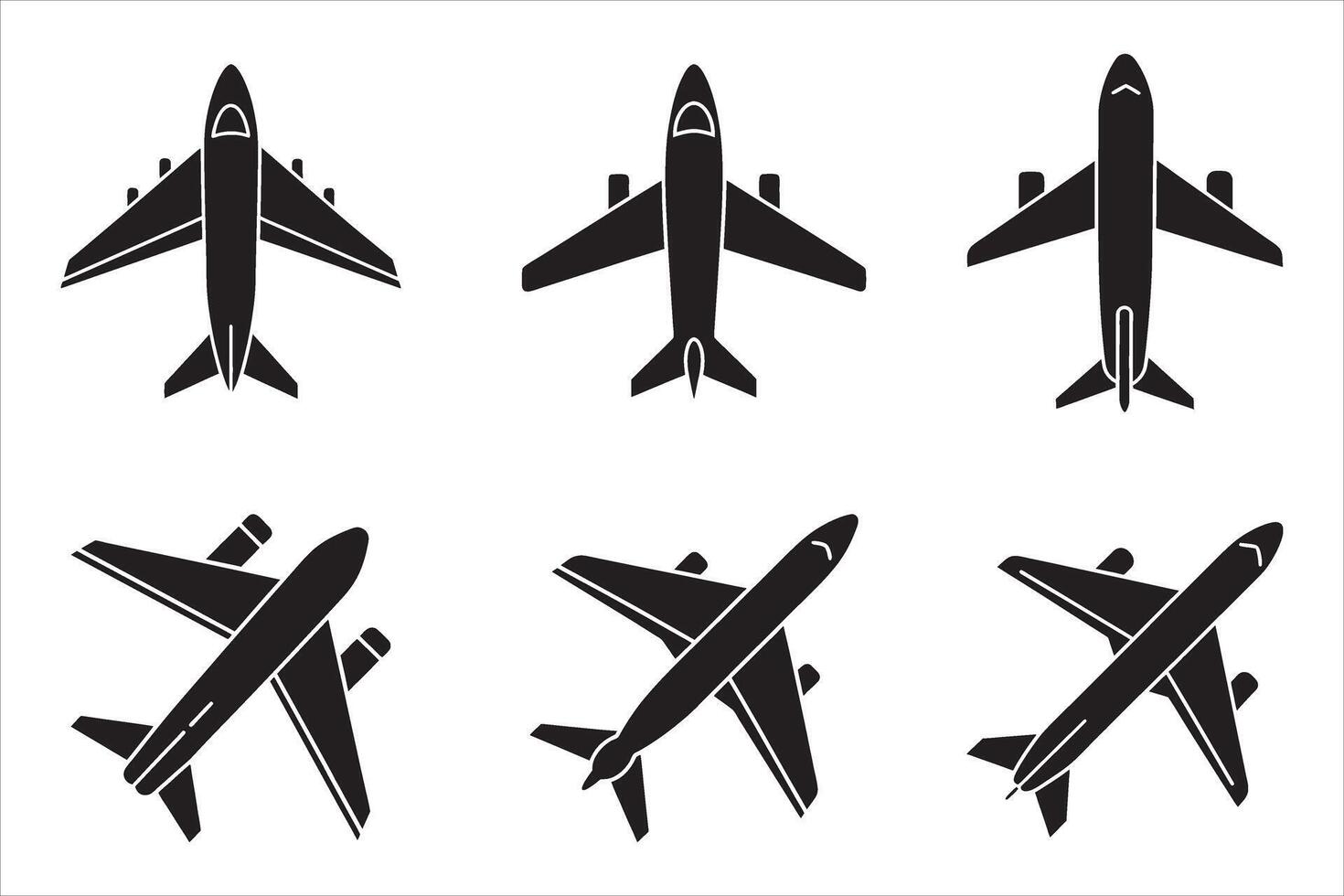 Six Black Airplane Icons Top and Side Views white background vector