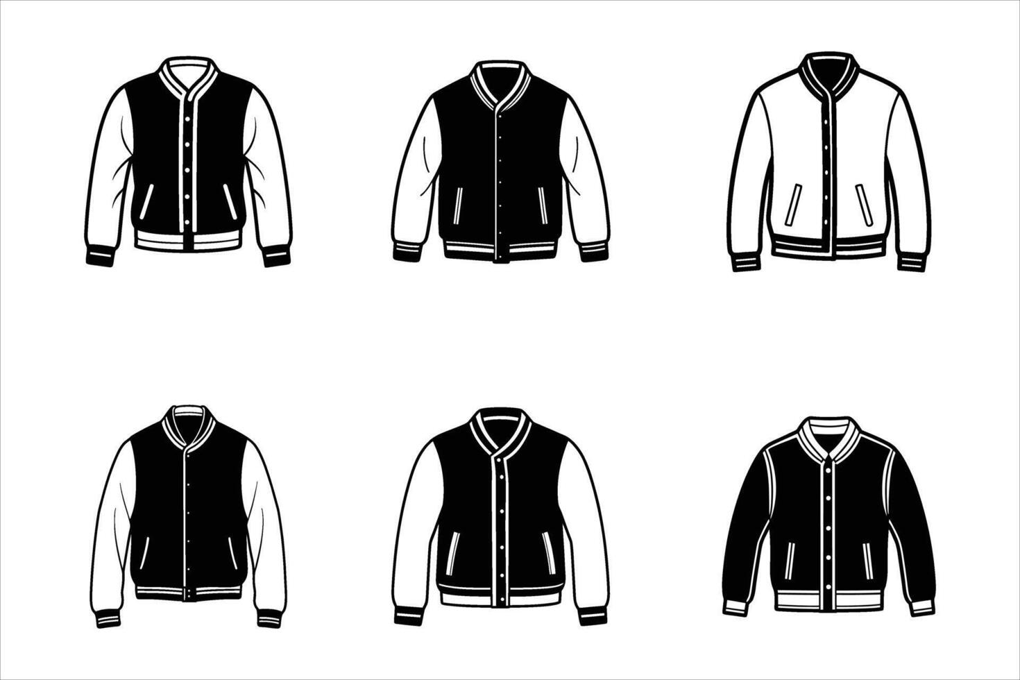 Six Varsity Jackets Black White Color Variations Apparel Designs vector