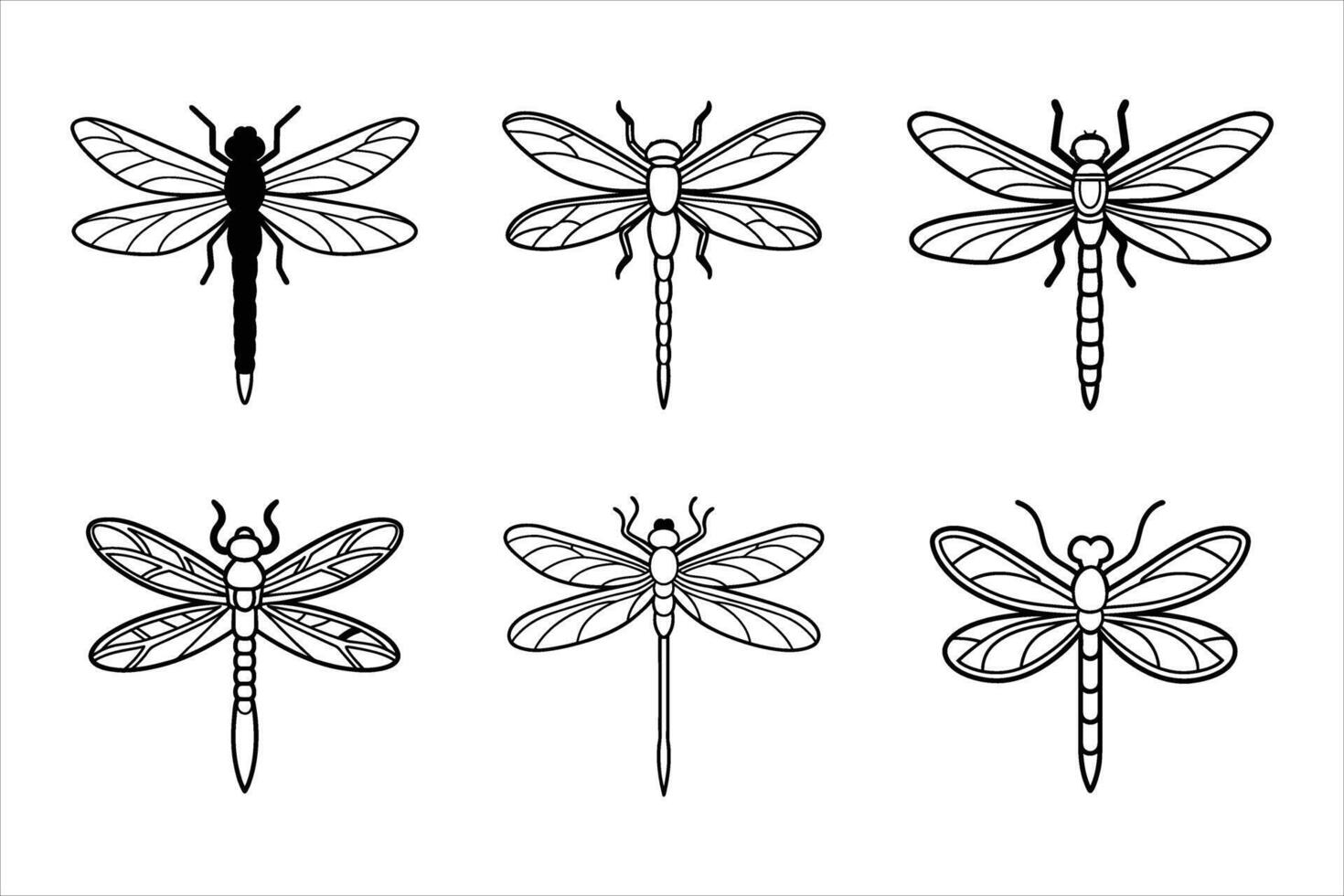 Six Black Line Drawings Dragonflies Various Styles vector