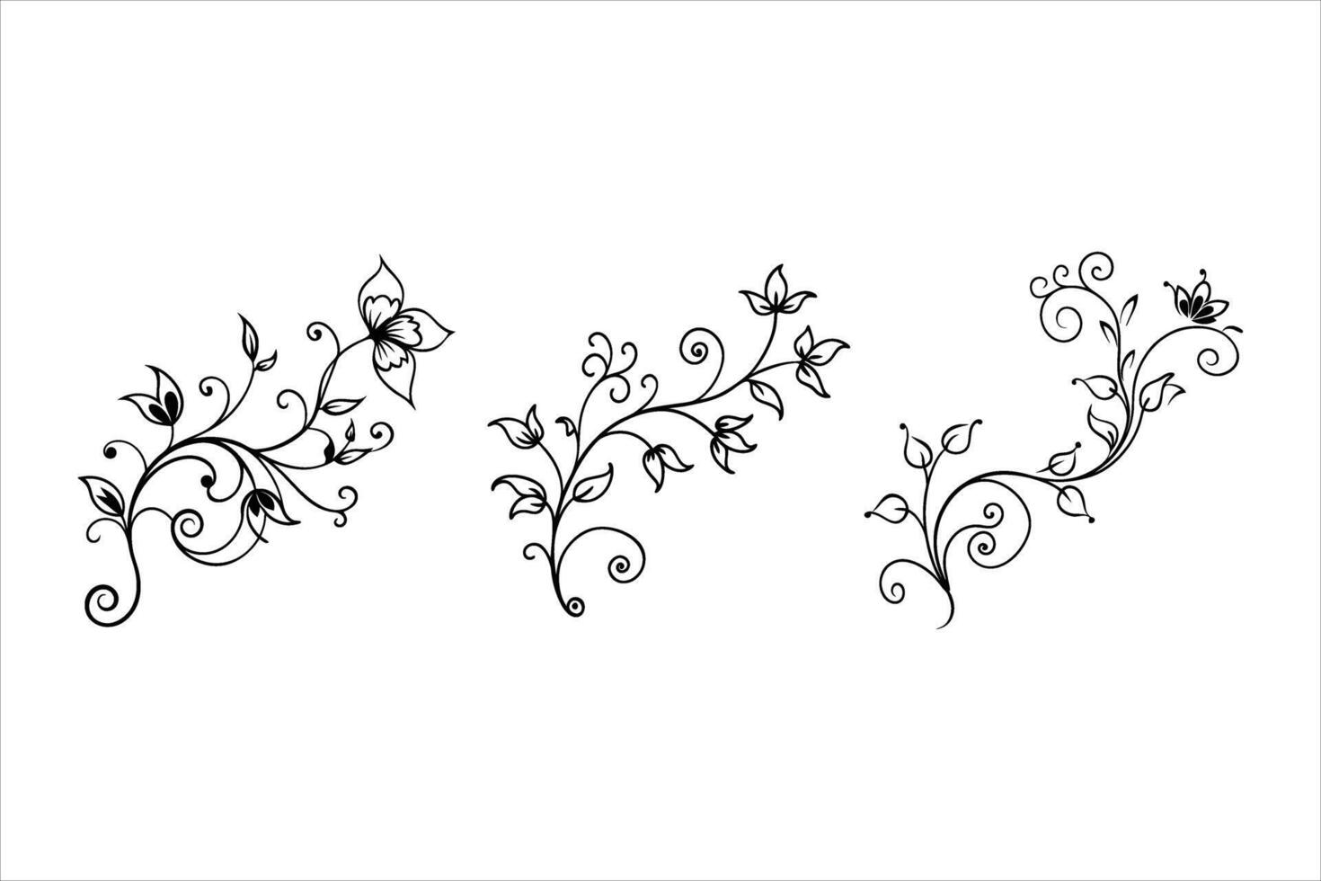 Three Black Floral Swirl Designs White Background swirls vector