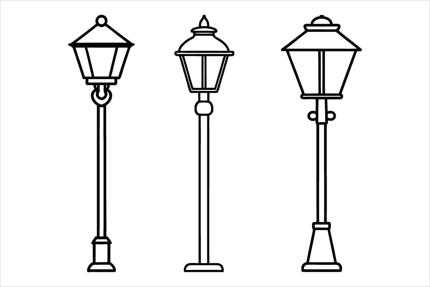 Three Black Line Drawings of Classic Street Lamps lamp post vector