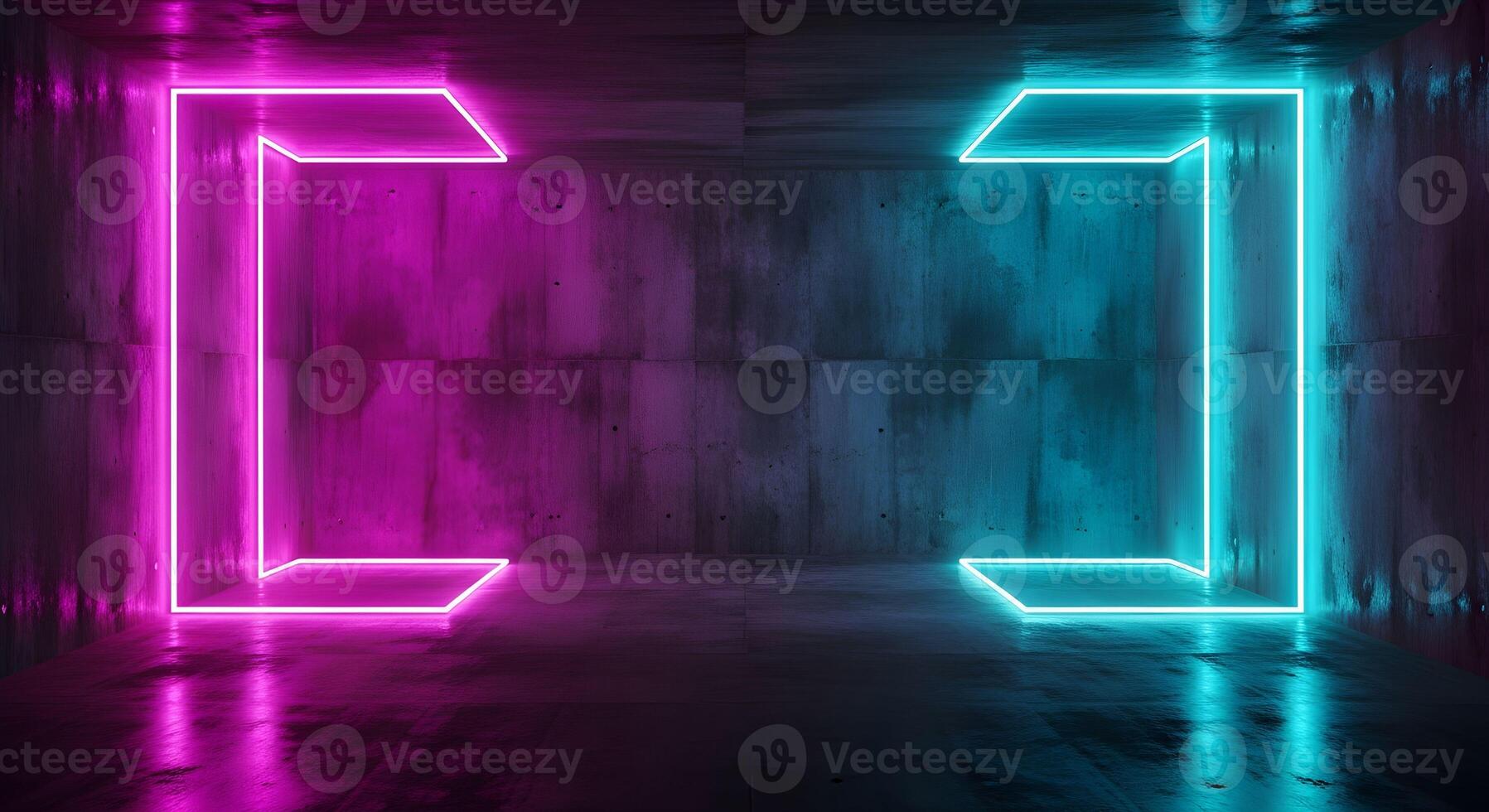 Neon Lit Concrete Room with Magenta and Cyan Glow photo